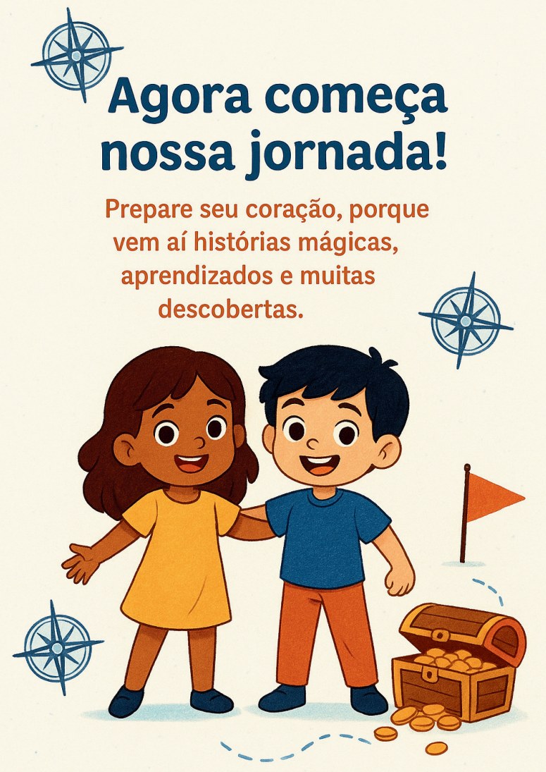 Página do e-book: Agora começa nossa jornada! Ben e Lalu convidam a descobrir histórias e aprendizados.